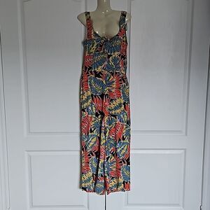 OXXO Women's Tropical Bell- Bottoms Jumpsuit Size Small Red/Blue